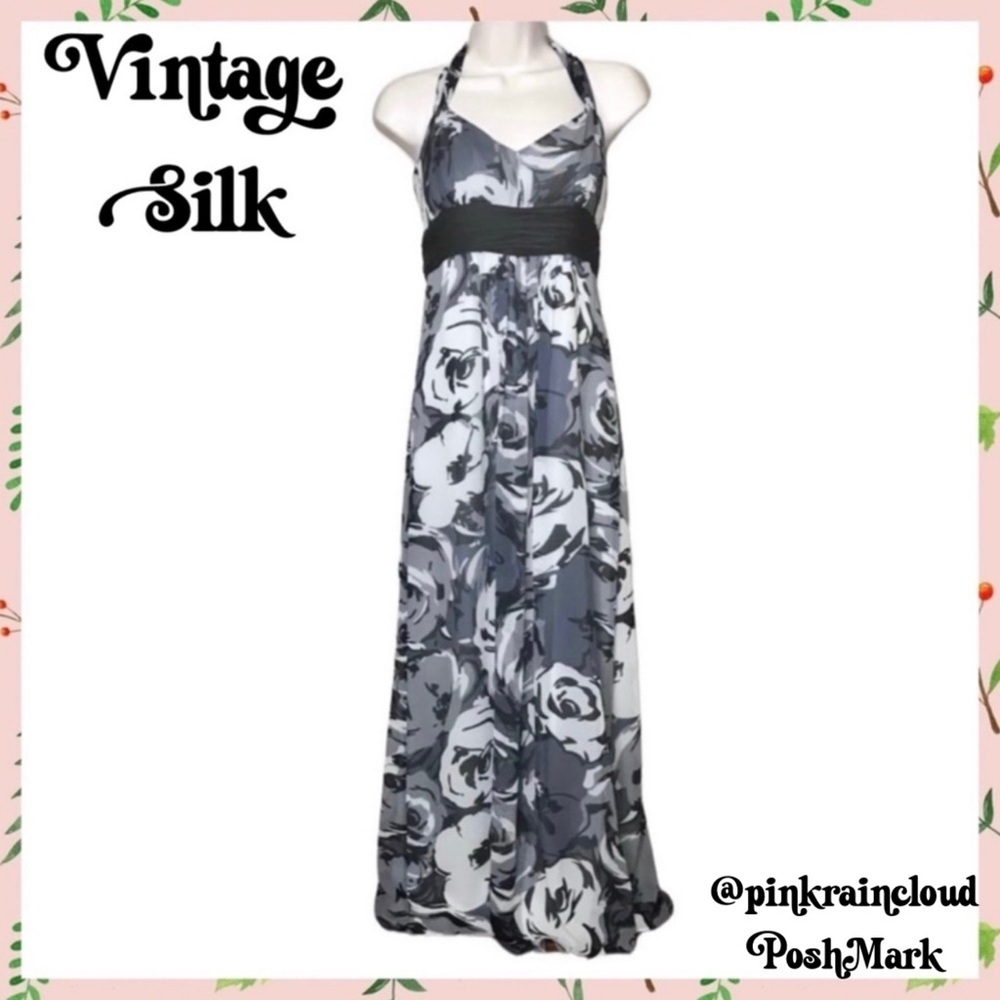 Ann Taylor SILK Halter Floral Maxi Y2K Dress Gray Black Women’s 4